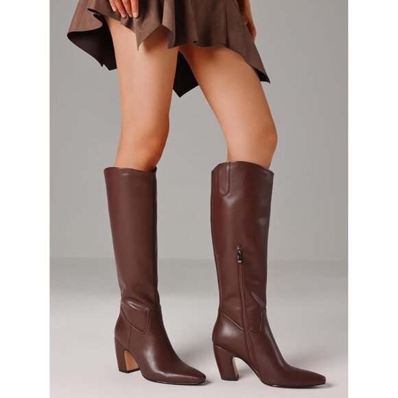 Women's Knee High Brown Boots Square Toe Chunky Heel Wide Calf Tall Zipper Boots - Picture 4 of 7